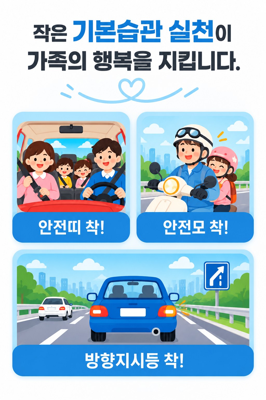 작은 기본습관 실천이 가족의 행복을 지킵니다. 안전띠 착, 안전모 착, 방향지시등 착